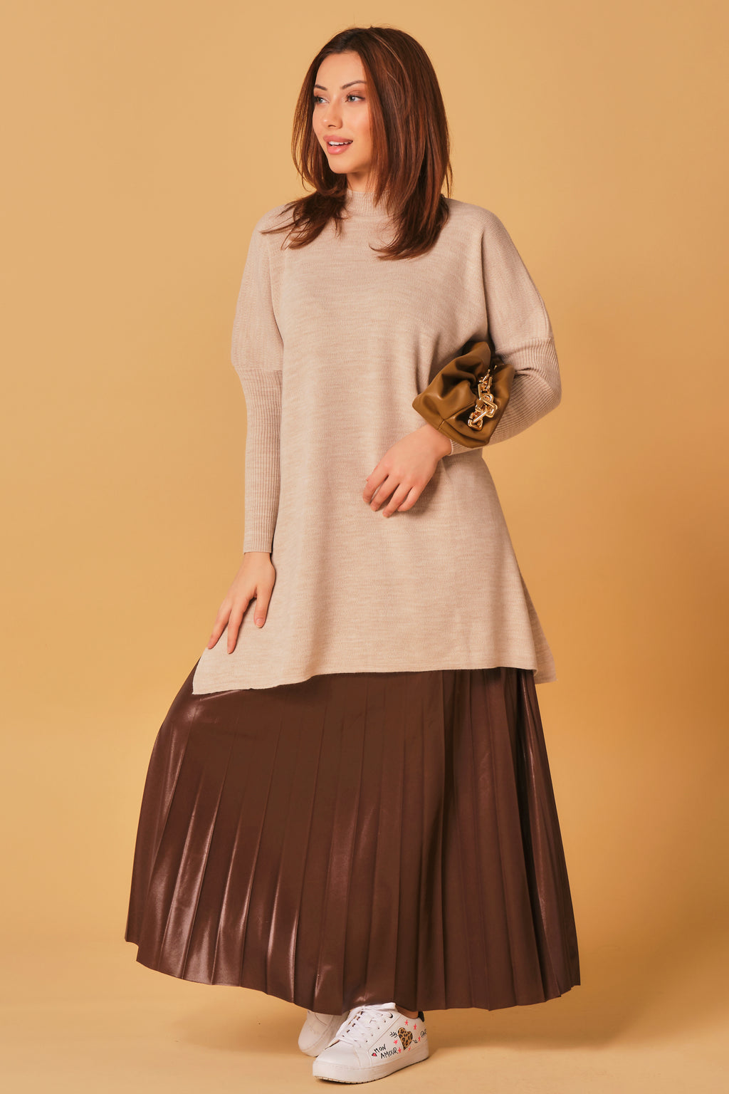 Women Brown Pleated Skirt